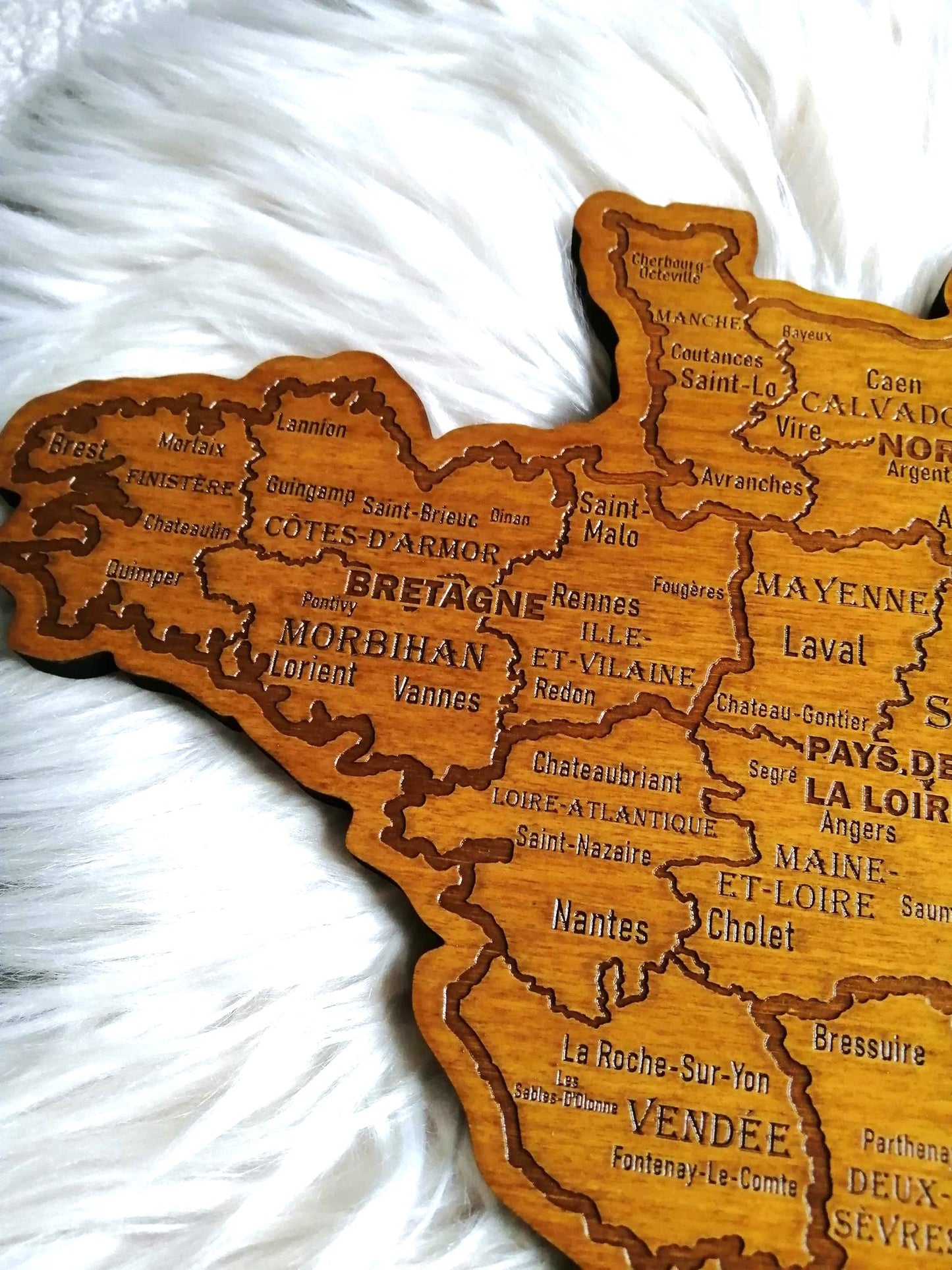 Carte de France gravée sur bois de peuplier, réalisée artisanalement avec une finition soignée (50 cm x 50 cm x 1 cm). Ce produit unique met en valeur les frontières des régions françaises et apporte une touche chaleureuse à votre intérieur. Livrée avec son attache murale pour une installation facile. Idéale pour les passionnés de géographie, de design rustique ou pour immortaliser vos souvenirs de voyage.