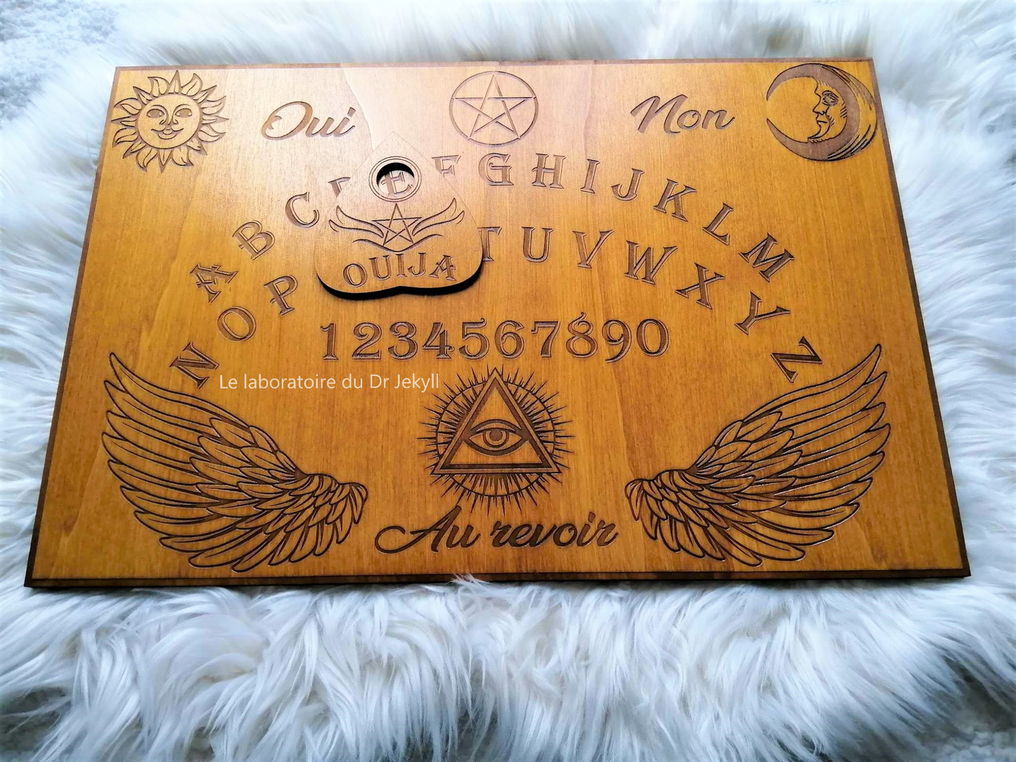 Planche Ouija blanche en bois gravé de grand format (49x33 cm) - Idéale pour séances de spiritisme et décoration ésotérique