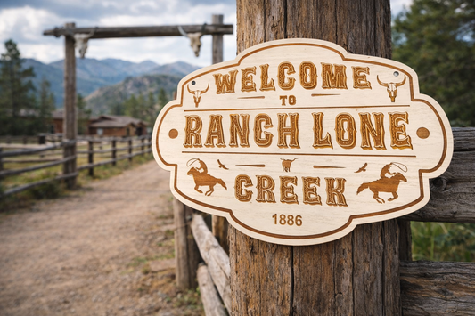Plaque bois gravée Welcome to Ranch Lone Creek – Panneau déco western rustique, enseigne cowboy ranch, artisanat français