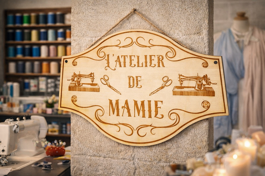 Pancarte atelier couture bois – L’Atelier de Mamie personnalisé