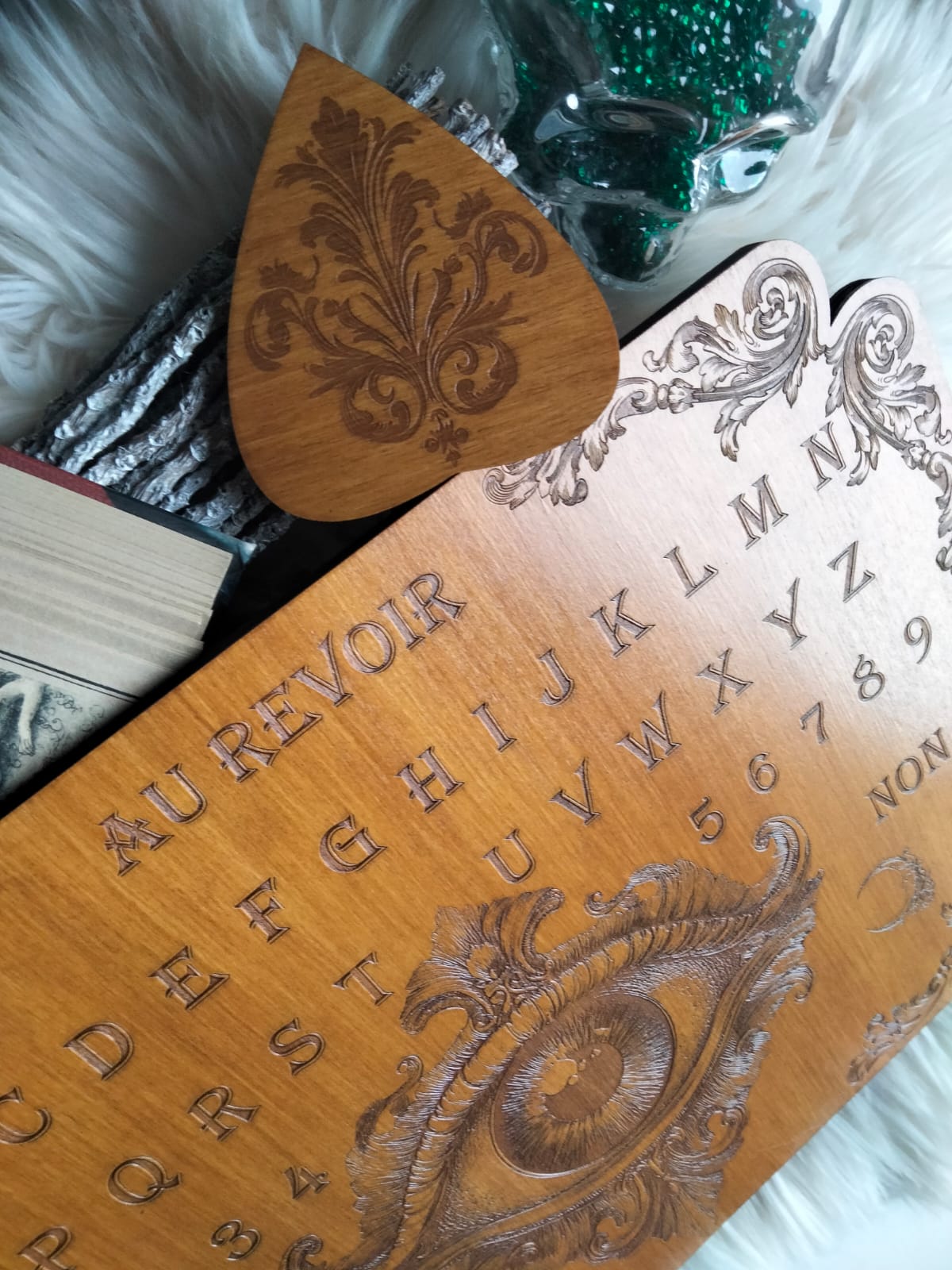 Spirit board handmade wooden Ouija for ritual or decor