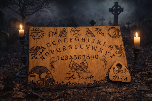 Ouija artisanale en bois clair gravé posée dans un décor de cimetière avec brume et bougies, ambiance mystique et gothique.