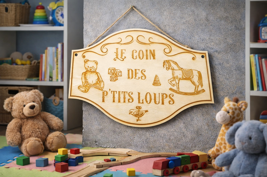 Plaque personnalisée "Le coin des p’tits loups" – Déco chambre enfant artisanale