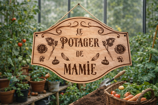Plaque gravée Le potager de Mamie – Déco jardin bois personnalisée – Cadeau rustique grand-mère