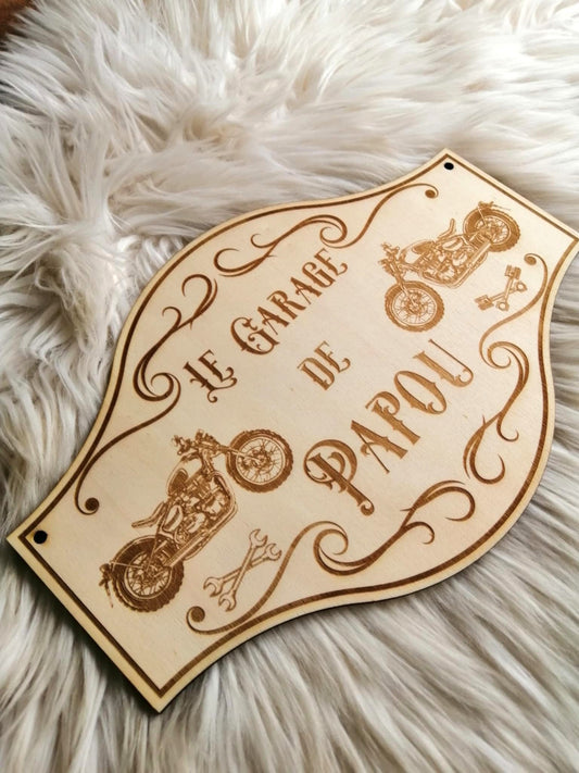 Plaque de garage personnalisée en bois avec motif moto, idée cadeau pour papy bricoleur