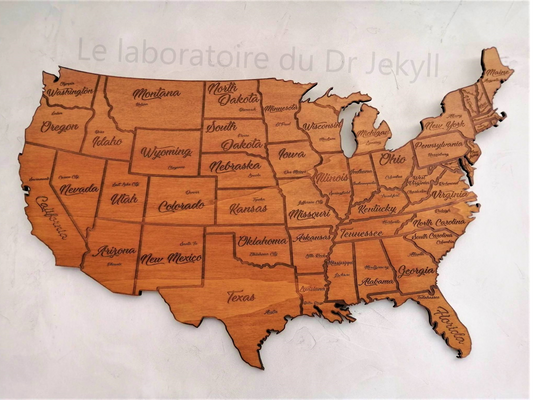 Carte des USA gravée sur bois, dimensions 59 cm x 37 cm x 1 cm. Chaque carte est réalisée de manière artisanale, offrant un modèle unique à chaque commande. Parfaite pour une décoration murale élégante et personnalisée, cette carte est livrée avec une attache murale pour une installation facile. Idéale comme cadeau pour Noël ou la fête des pères